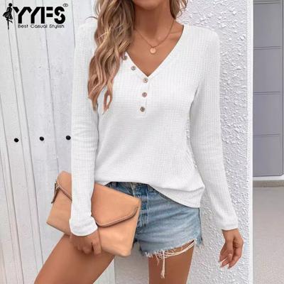 Camicette e camicie con scollo a V a maniche lunghe con stampa tinta unita primavera autunno moda casual da donna