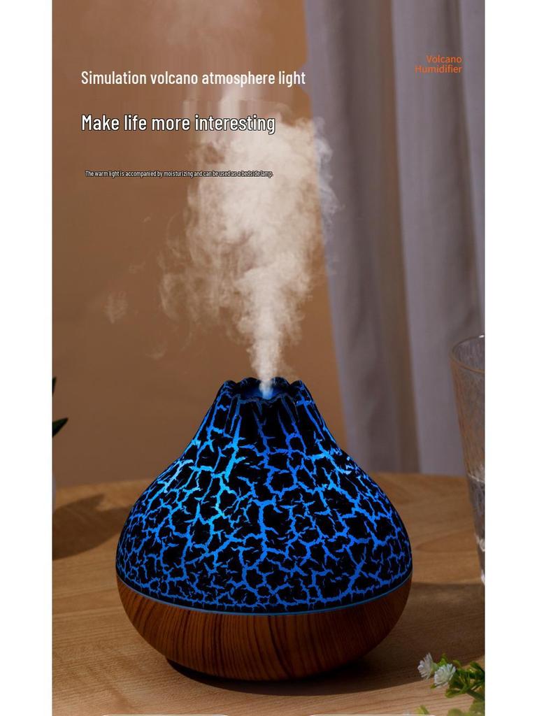 USB Wood Grain Mini Volcano Humidifier with LED Flame Effect - Large Mist & Night Light