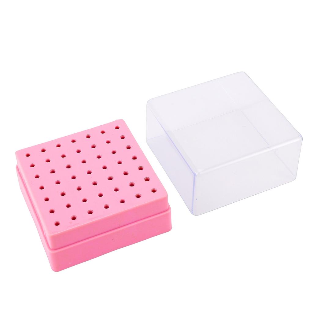 49 Holes Nail Drill Bit Holder Display Case with Transparent Cover Nail Drill Bits Storage Box Pink
