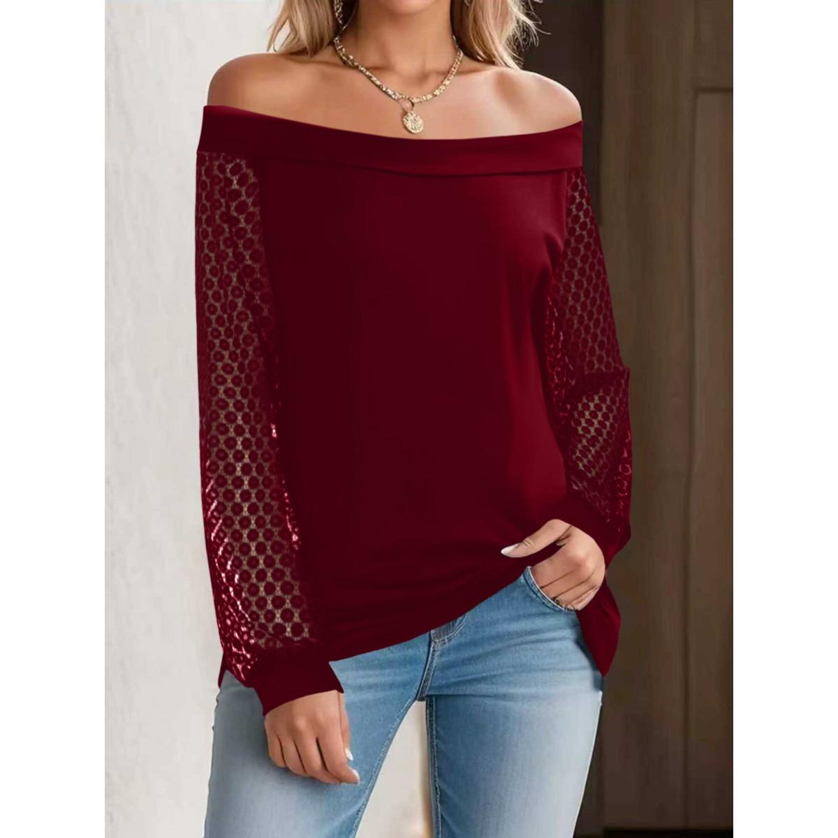 Women s V Neck Long Sleeve Blouse Loose Fit Elegant Lace Patchwork Lantern Sleeve Casual Top S