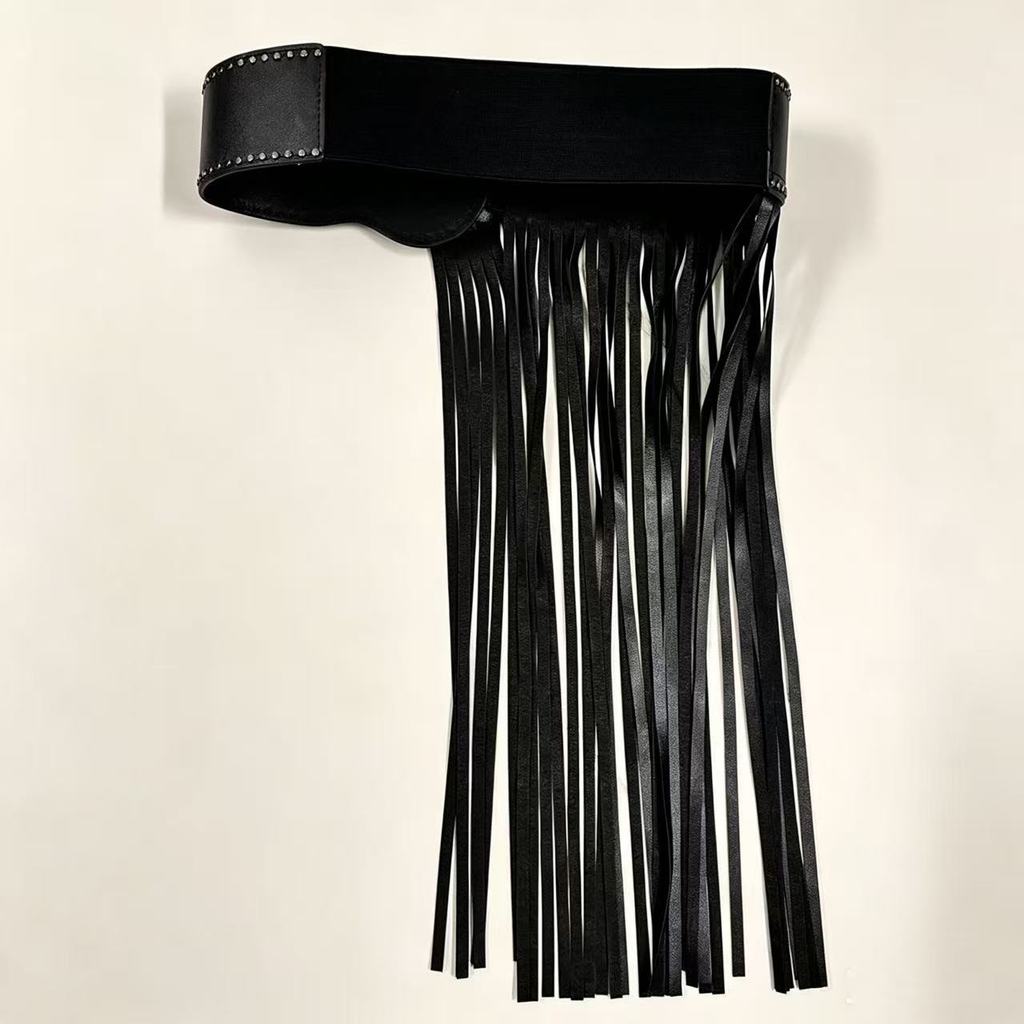 Black Leather Belt With Tassel Details For Summer Streetwear Fashion