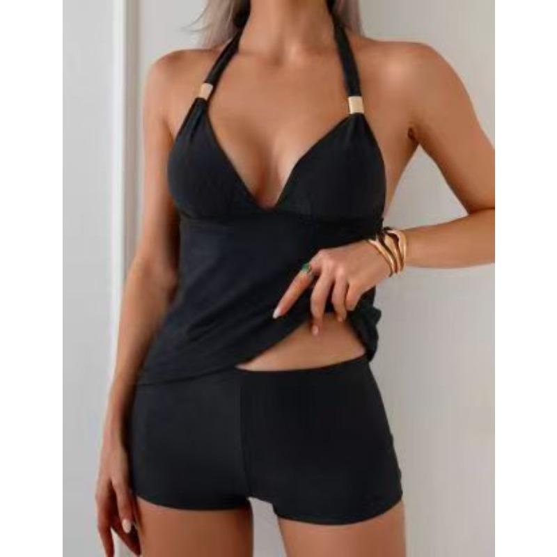 

Solid color swimsuit neck strap split women s swimsuit conservative belly cover huge and thin two-piece set S чёрный