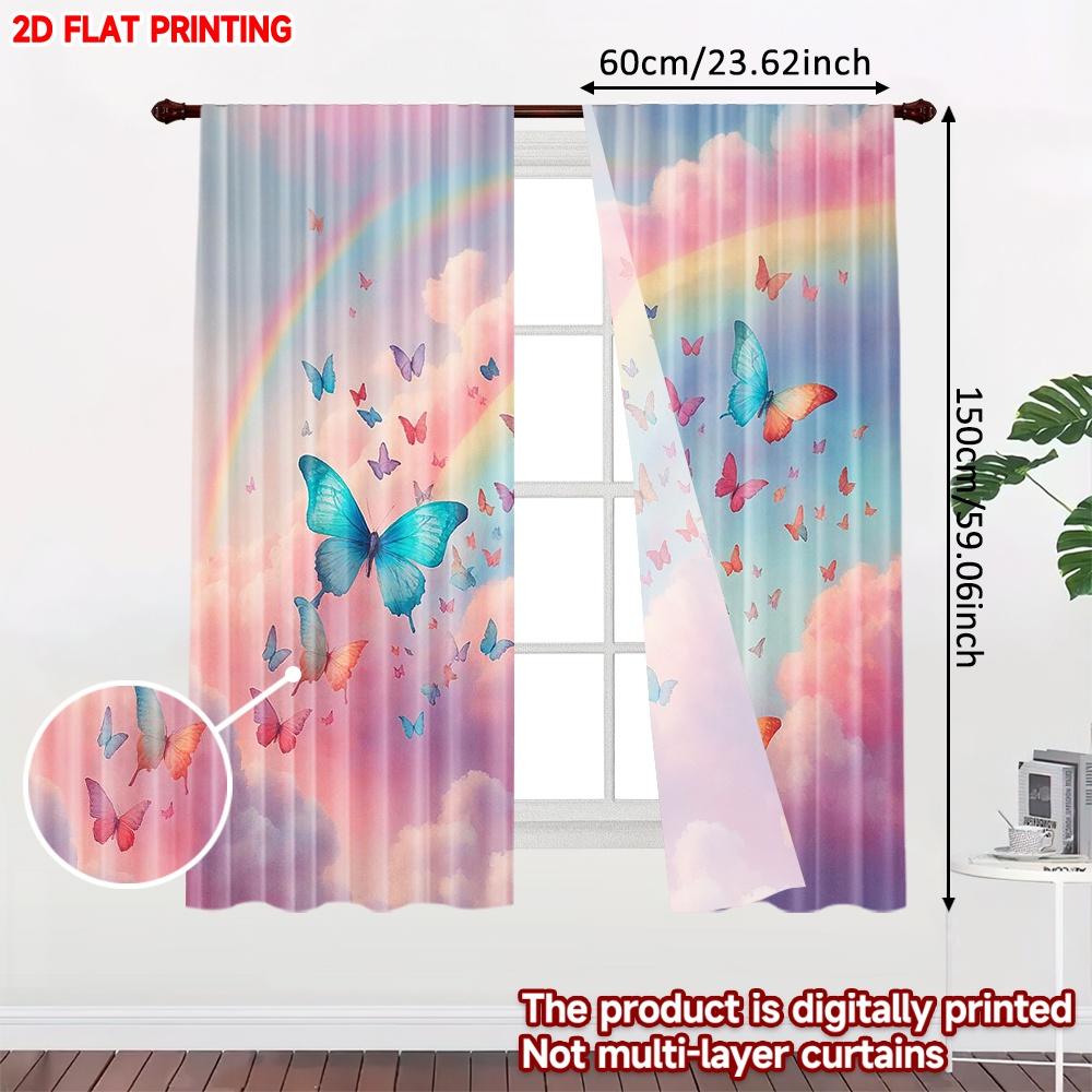 2D flat printing 2pcs Scene Curtains Rainbow Butterflies in Clouds Digital Printed Polyester Drapes Festive Curtains Use for