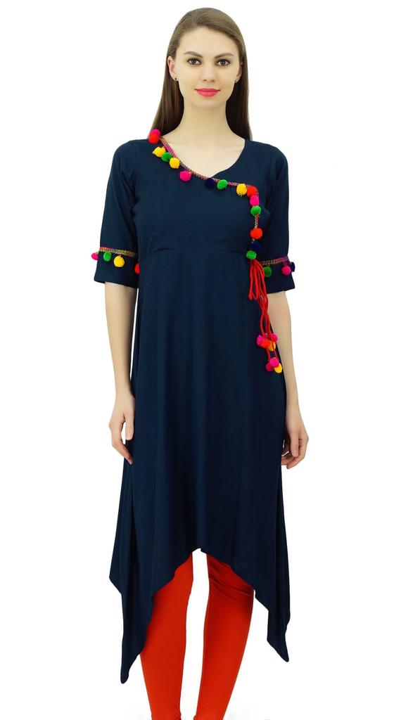 Phagun Angrakha Style Rayon Womens Tunic Kurta Pom-Pom Designer Kurti Top Indian