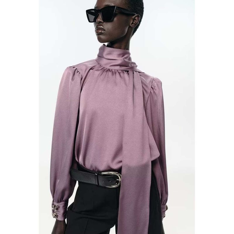 Za Autumn and Winter New Arrivals Women's Clothing Zr European and American Style Fashionable Satin Texture Shirt with Bow Decoration 8946839