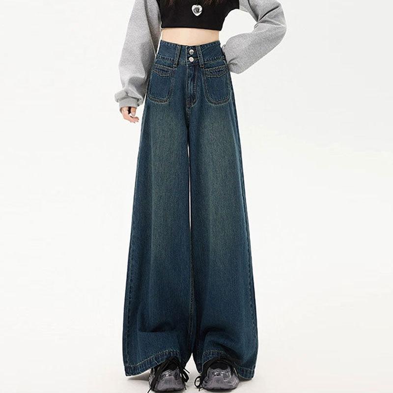 Retro High-Waisted Wide-Leg Jeans with Double-Button Design and Leather Patch for Women S