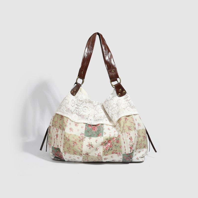 Borsa in Tessuto Patchwork Floreale, Borsa a Spalla Singola da Pendolare con Bordino in Pizzo Retrò