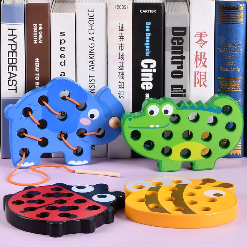 Children'S Wooden Animal Rope Game Early Education Animal Fine Movement Threading Board Educational Toy