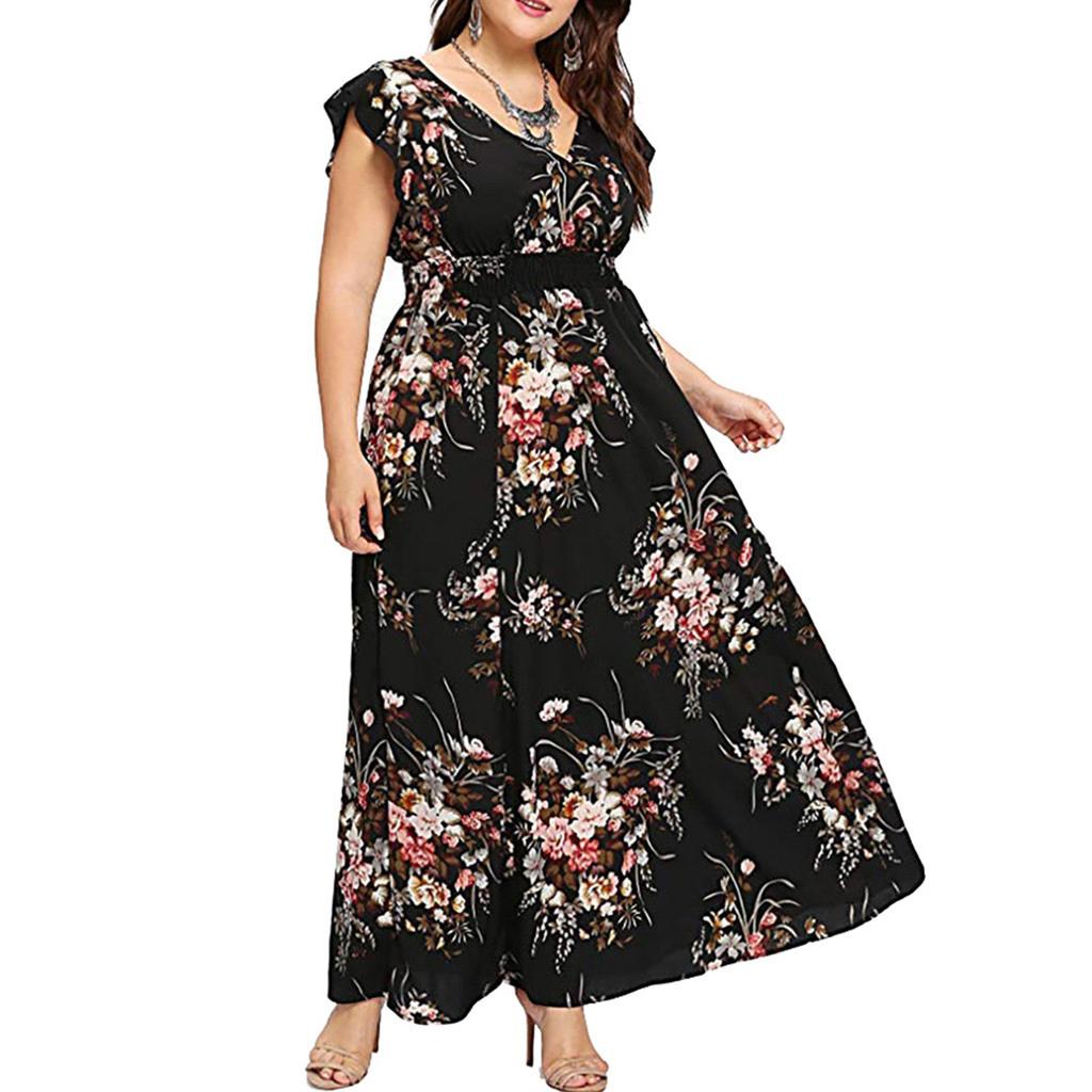 Women's Casual Floral Print V-Neck Ruffle Sleeveless Plus Size Dress Long