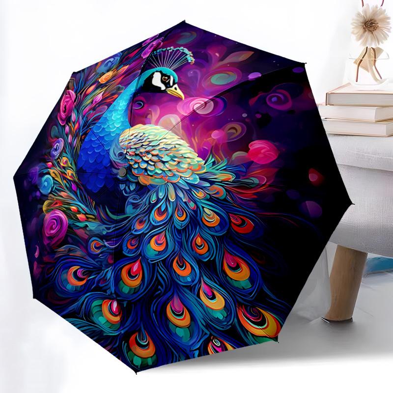 1 peça Guarda-chuva Automático Abre/Fecha com Flores de Pavão, Guarda-chuva Compacto Dobrável, Guarda-chuva Portátil para Todas as Estações para Mulheres/Homens F1124072