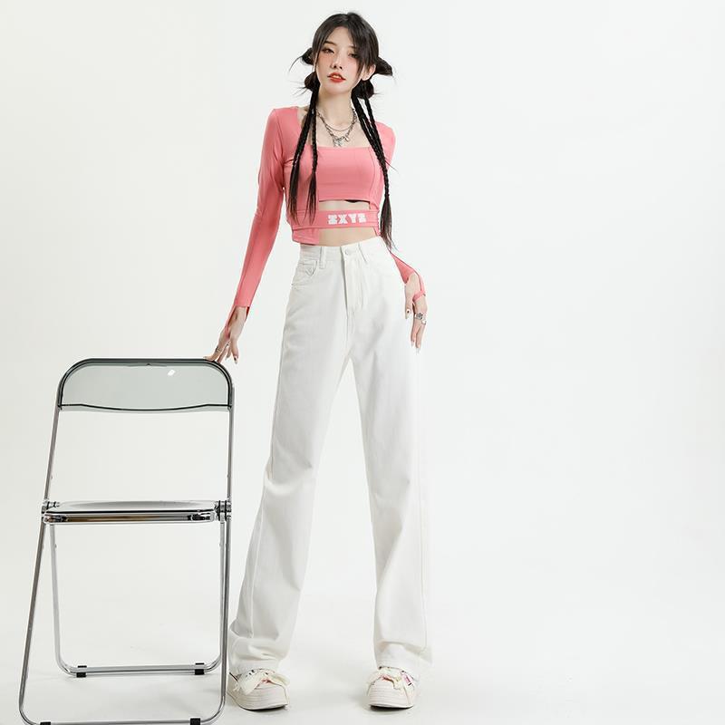 White Narrow Wide-leg Jeans for Women In Autumn and Winter, High-waisted and Thin, Small, Straight Mopping Pants for Women In Autumn