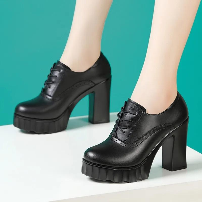 10cm Small Size 32-43 British Deep Mouth Platform Shoes Brogues Fall 2025 Block High Heels Shoes Genuine Leather Shoes Office
