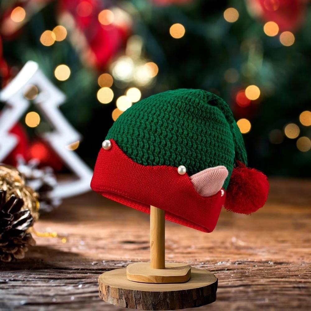 Christmas Holiday Gift Striped Pattern Christmas Hat Jacquard Knitted Knitted Hat with Small Ears Wool Ball Elf Santa Cap Winter