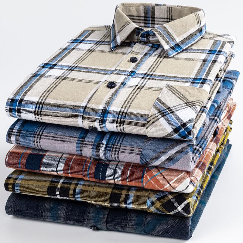 New 100% Cotton Brushed Long Sleeved Shirts for Men Slim Fit Formal Soft Plaid Casual Blouses Business Designer Checked Clothes