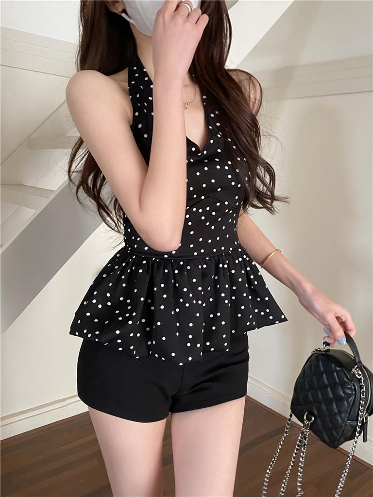New Summer Women's Clothing, Japanese and Korean Spice Girls Fashion and Leisure Royal Sister Style Black Silk Polka Dot V-neck Doll Shirt Sleeveless