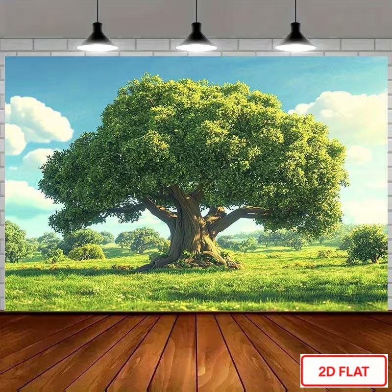 2D Whimsical Green Tree and Blue Sky Backdrop Photography Background Banner