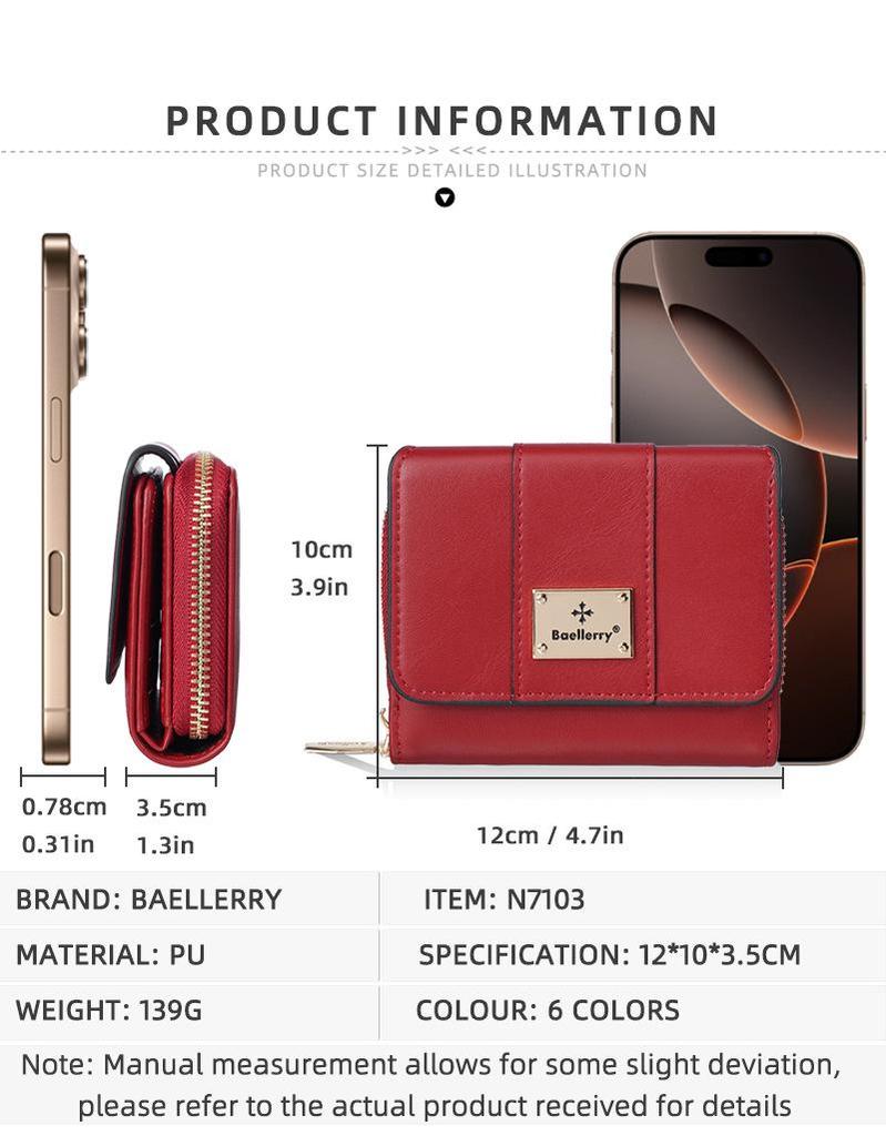Baellerry Women's Short Tri-Fold Wallet with Multiple Card Slots and Coin Purse