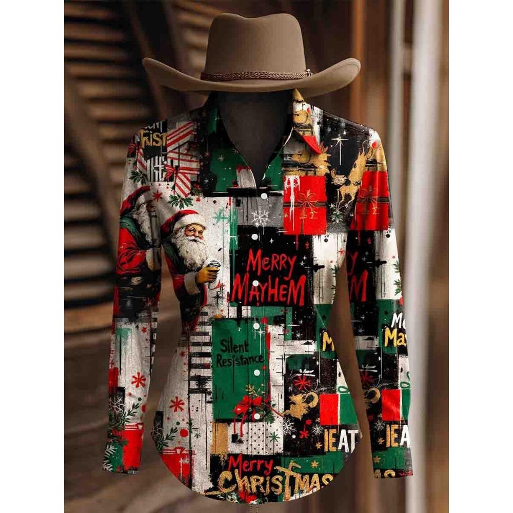 Christmas Vintage Women's 3D Printed Long Sleeve Shirts Casual Christmas Blouse Button-Up Western Cowboys Tops For Women