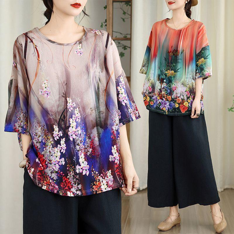 Women's Cotton Linen Printed T-Shirt Summer Thin Short Sleeve Loose Round Neck T-Shirt Top