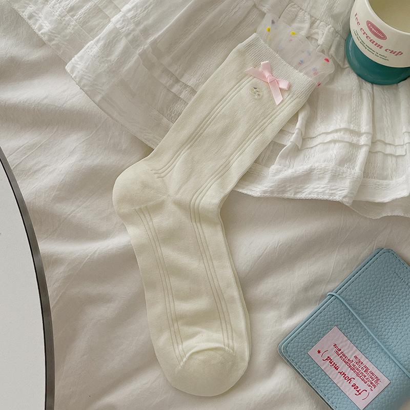 Bílé ponožky, Dámské podzimní látkové štítkové ponožky do půli lýtek, Sladká mašle, Krajková lemovka, Froté ponožky, Bezkostní