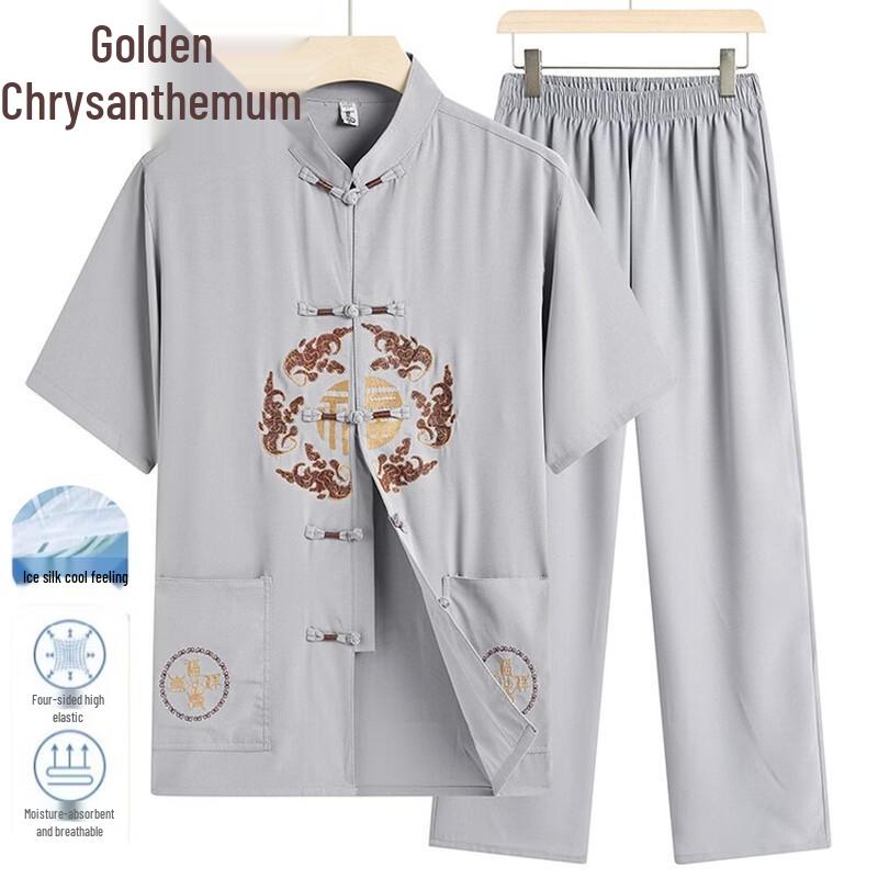 JINJU Men's Traditional Chinese Tang Suit - Short Sleeve Ice Silk Summer Set
