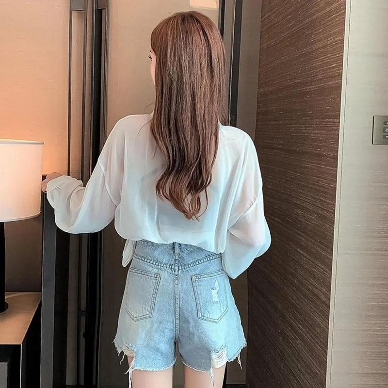 Short Sunscreen Shirt  Blouse Rope Waist Strap Loose Wear Summer Thin Top Women's Clothing  Female Coat Sun Protection Cardigan Polo Collar Shirt