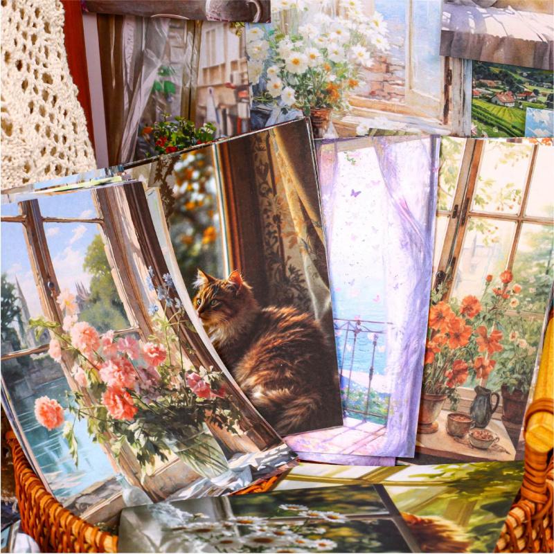 30Pcs Beautiful Window Sill Scenery Material Paper Vintage Landscape Decor Paper For DIY Scrapbook Journal Album Craft Supplies