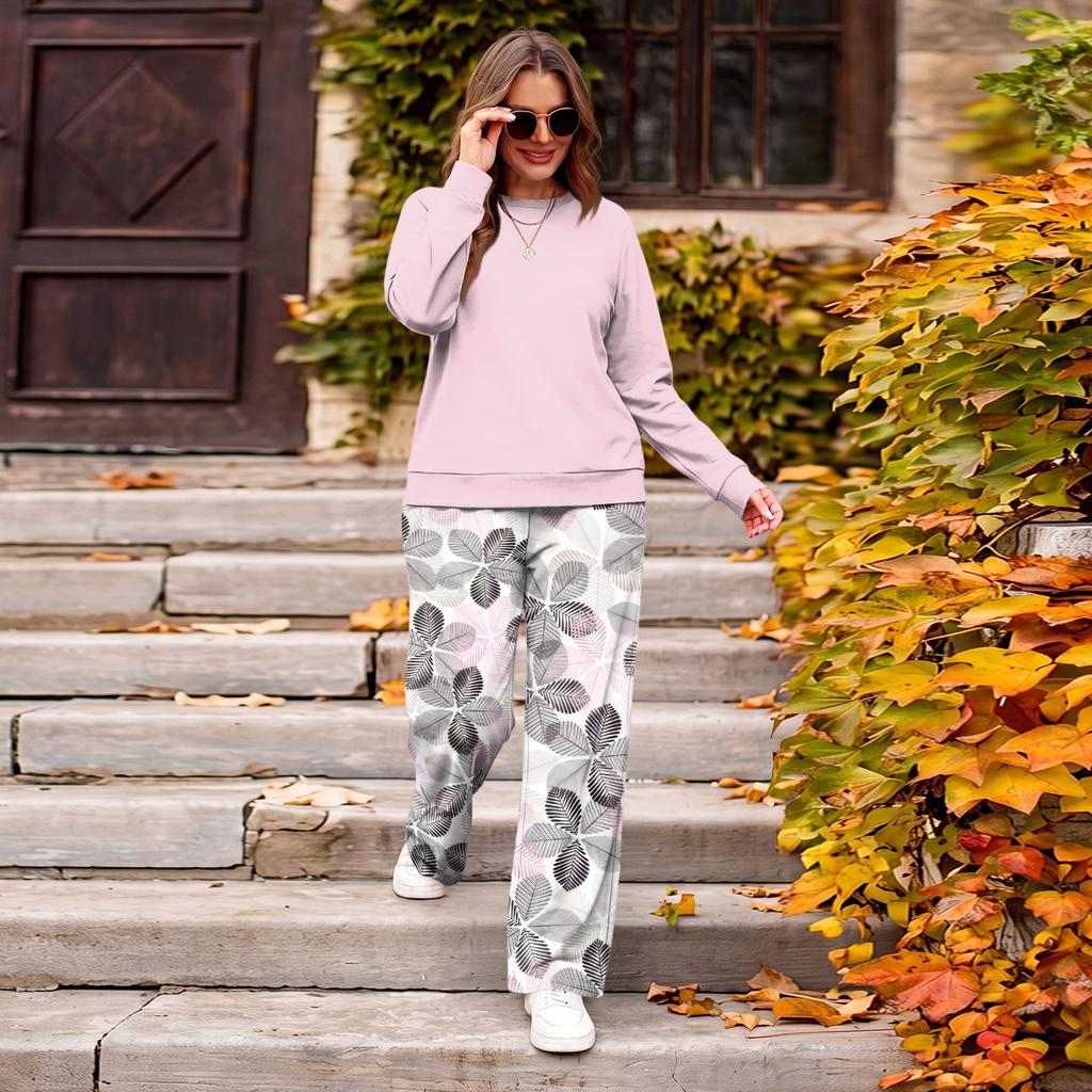 Women's Casual Round Neck Loose Fit Printed Sweatshirt and Sweatpants Set