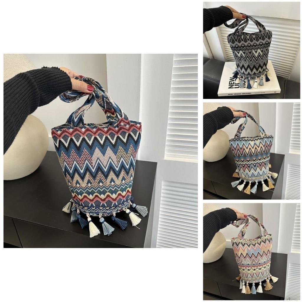 Trendy Ethnic Inspired Large Capacity Bucket Bag 2023 Fashion Striped Women's Handbag