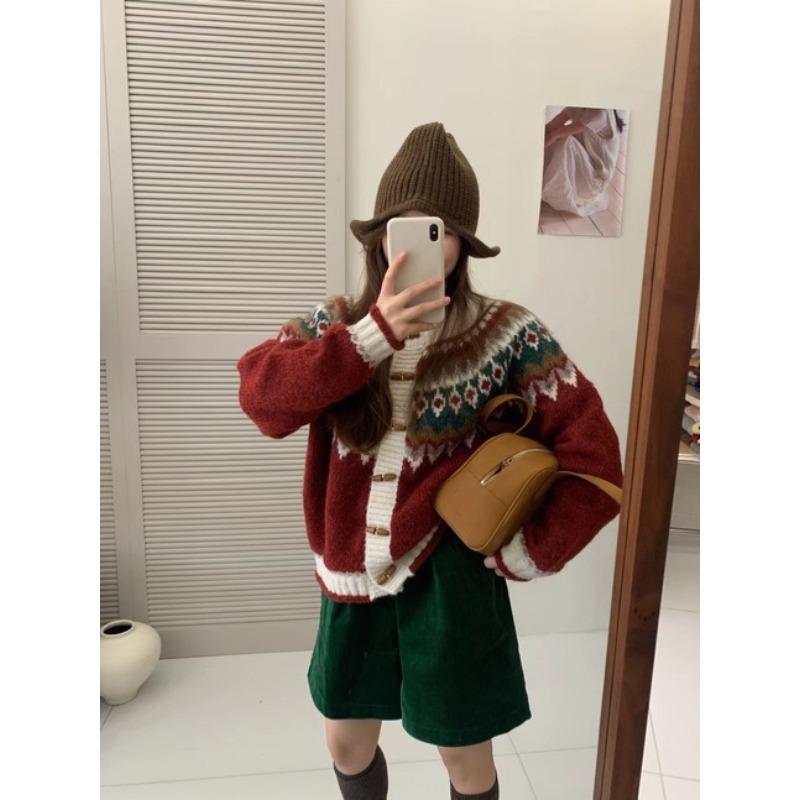 

Новый вязаный кардиган с застежкой на роговые пуговицы в стиле ретро, женский свободный свитер в стиле Fair Isle one size fits all красный