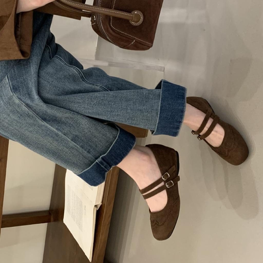 French Retro Double Buckle with Mary Jane Shoes, Shallow Mouth Inner Height Increase Single Shoes, Autumn New Fairy Ballet Beanie Shoes