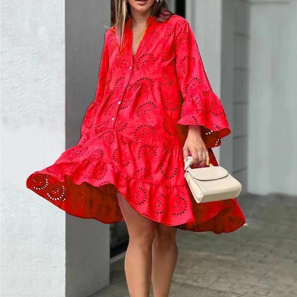 Sommer Casual Feste Spitze Kleid Frauen Elegante V-ausschnitt Lose Hohl Stickerei Kleid Frauen Vintage Strand Sexy Mini Kleider