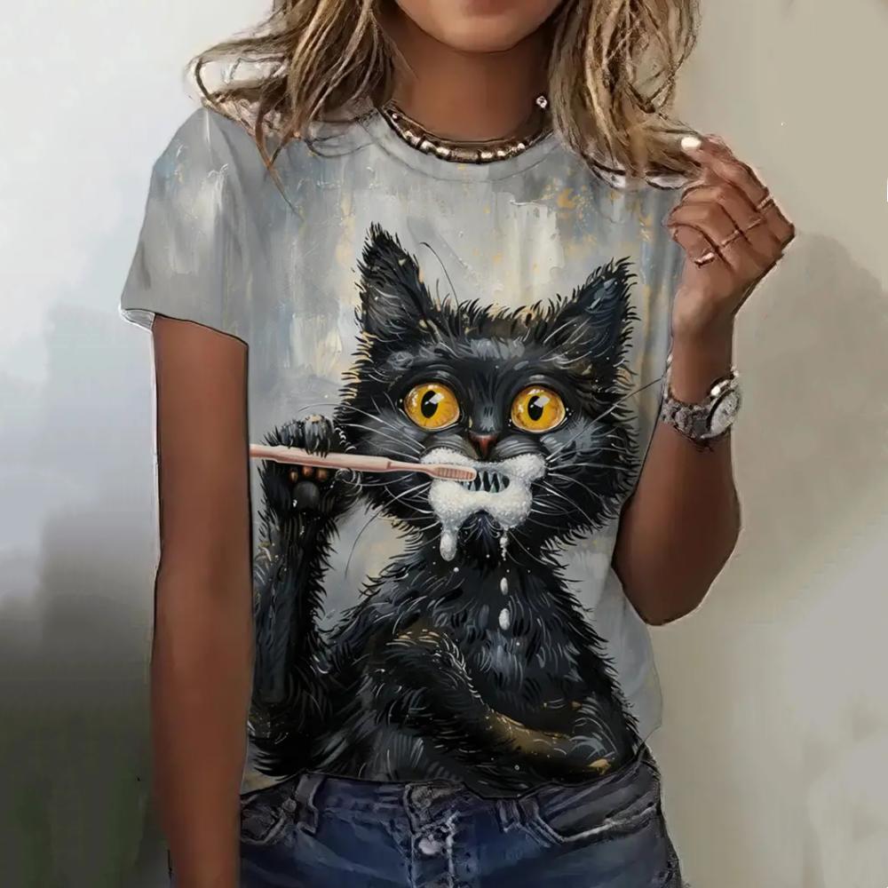 Ladies Fashionable Comfortable Printed Animal T-shirt Interesting Patterns Loose Breathable Large Size Short Sleeved T-shirt
