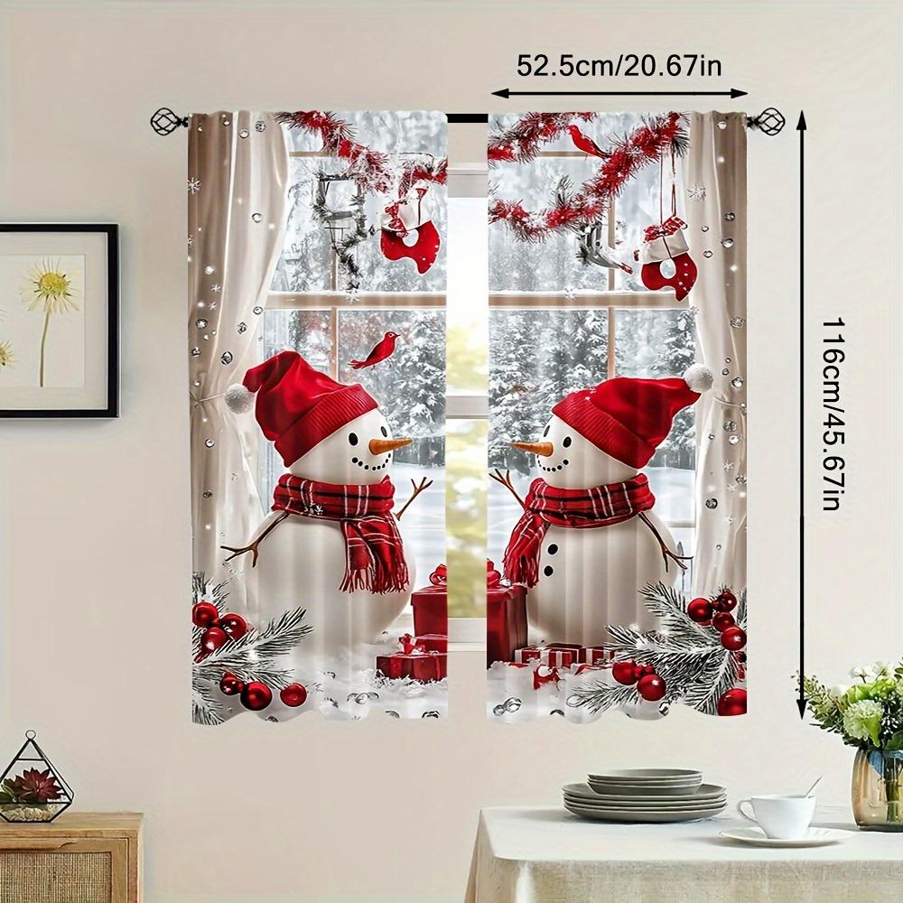 2pcs Christmas Snowman Sheer Curtains – Festive Winter Scene Print Polyester for Living Room   Bedroom & Office