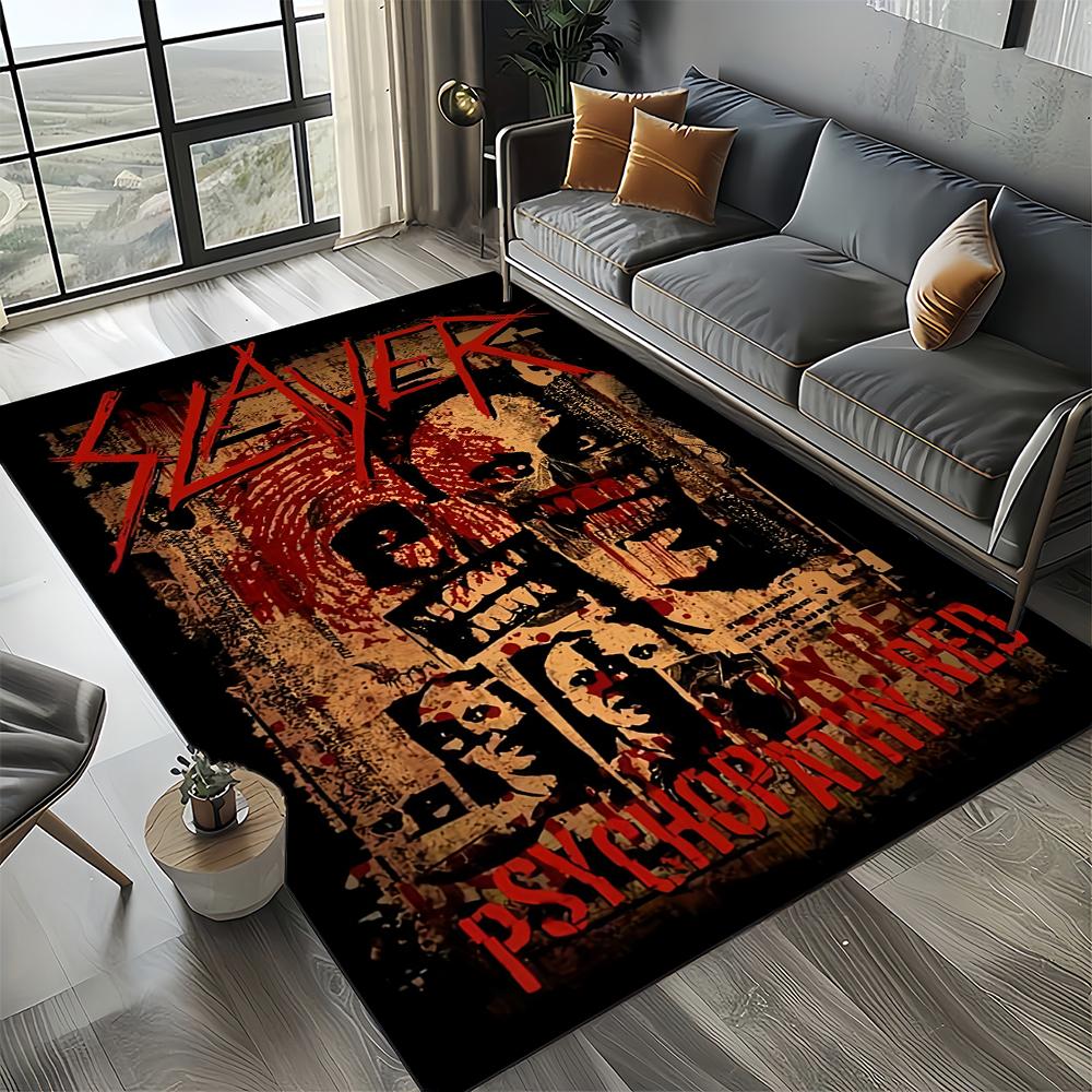 Tapete de Chão 3D Retro Band Slayer Heavy Metal Rock Sinal para Sala de Estar Quarto Casa Decoração de Sofá, Tapete Antiderrapante para Brincar de Criança