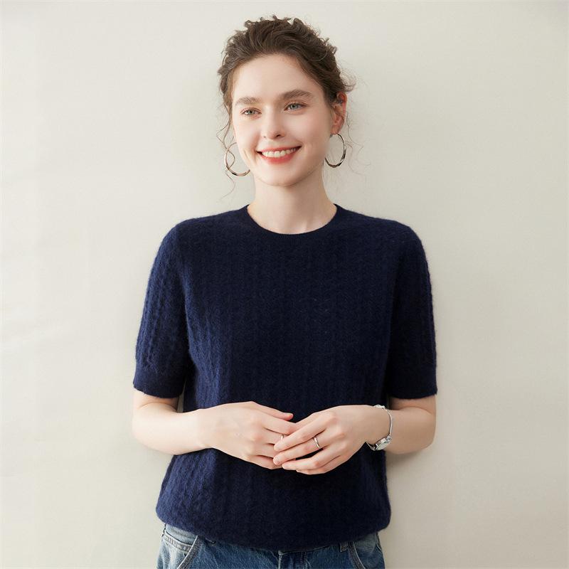 2026 Spring/Summer Women's Pure Cashmere Short Sleeve Round Neck Cable Knit Sweater Pullover Top