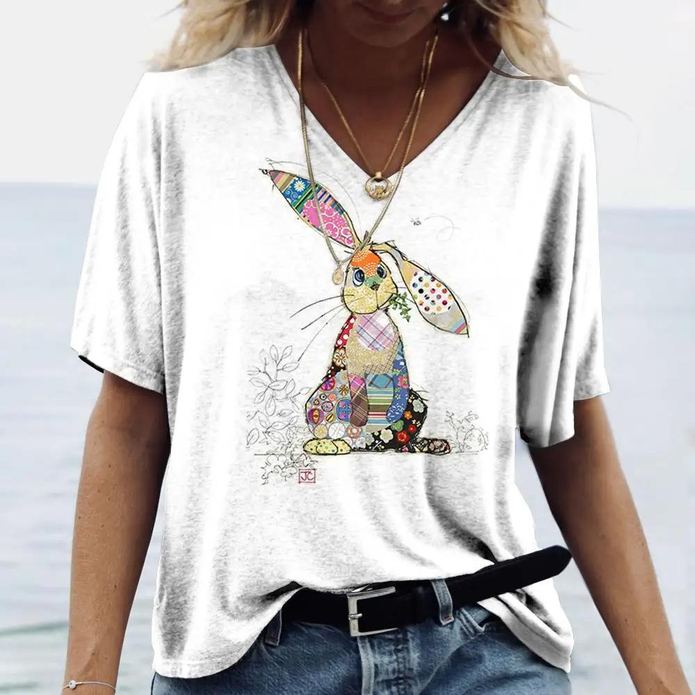 Ladies' V-neck T-shirt 3D Printed Animated Bunny Trendy Printed Short Sleeved T-shirt