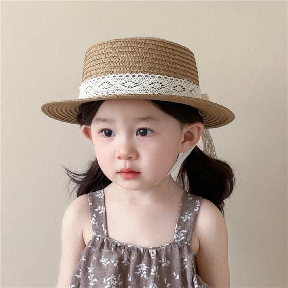 French Style Children Straw Hats Spring Summer Baby Sun Hat Trendy Bow Lace Straw Hat  for Kids