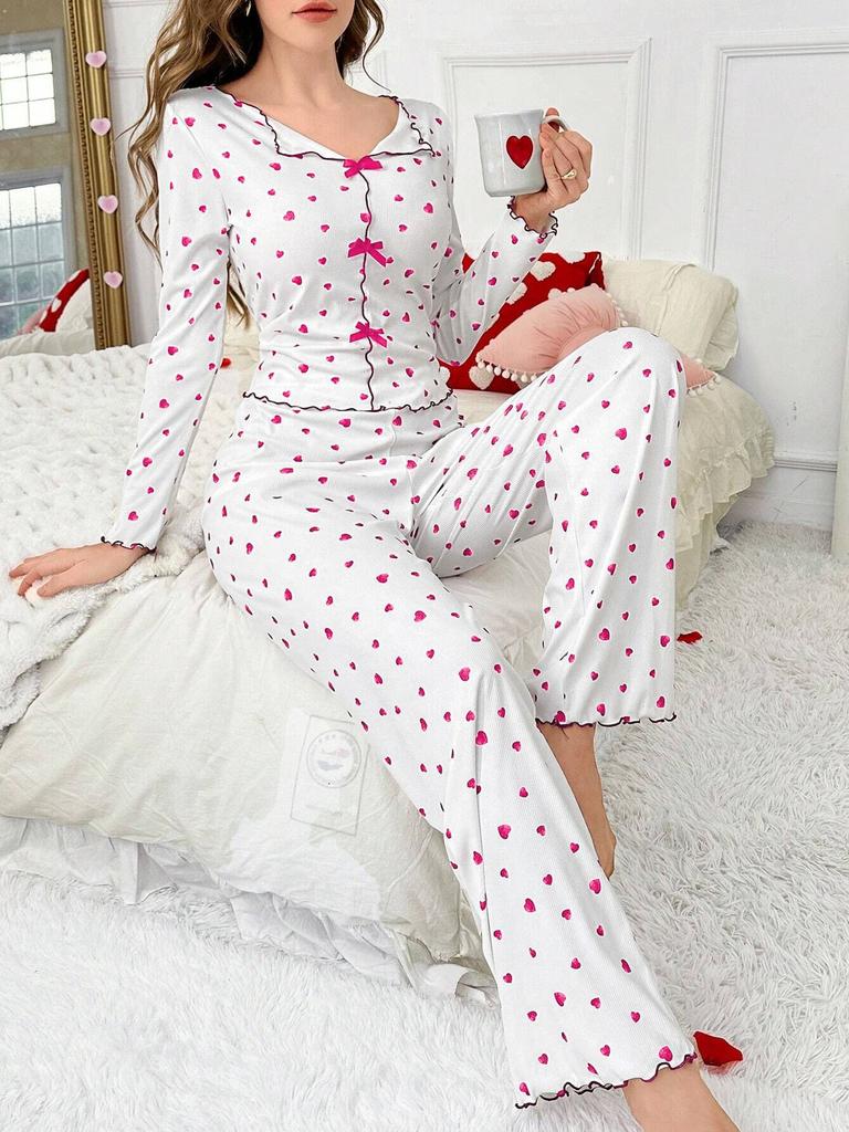 European and American Style Women's Spring and Autumn Heart Print Pajama Set Turn-Down Collar Long Sleeve Top and Long Pants 2 Piece Loungewear