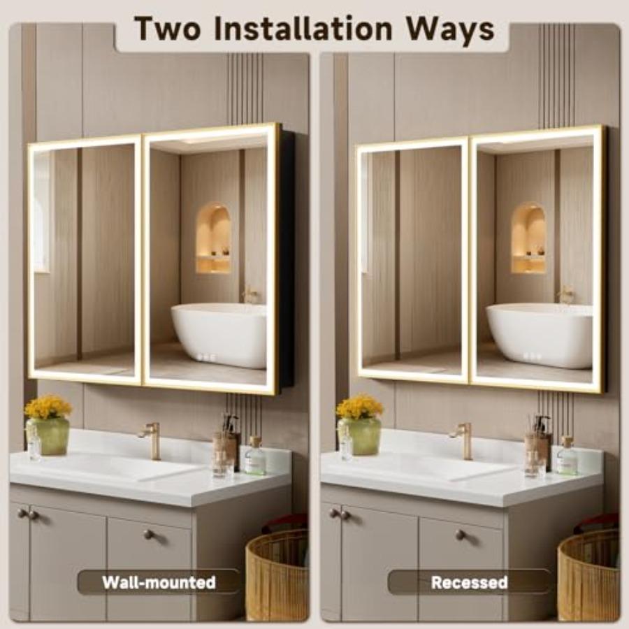 16X24 Inches Framed Medicine Cabinet with Lights, Bathroom Medicine Cabinet with 3-Color/Dimmable, Anti-Fog, Plug-in and Hardwi