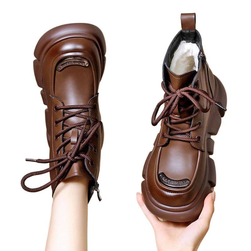 Women's Genuine Leather Fur-Lined Snow Boots with Thick Sole