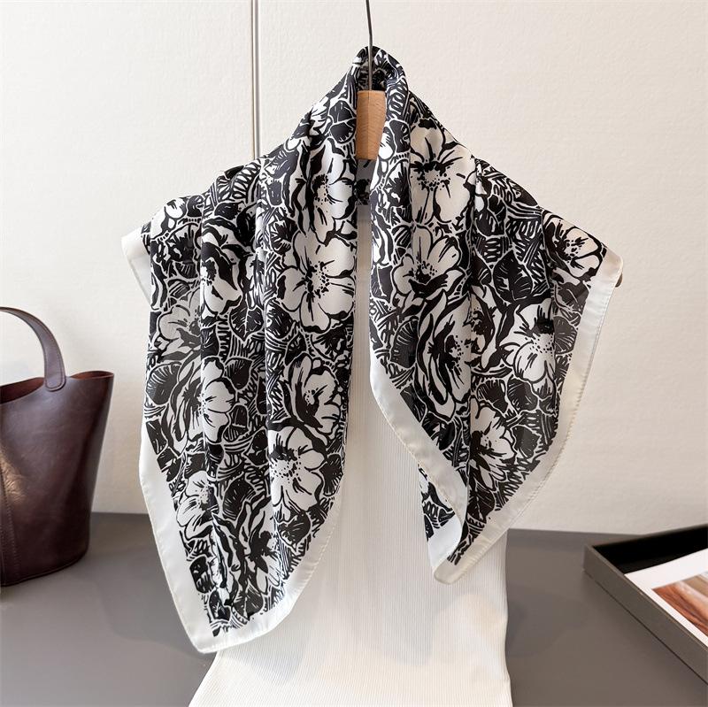 Geometrik renk uyumu eşarp renk uyumu çiçekli ipek eşarp imitasyon ipek kadın kare eşarp 71x71cm başörtüsü şal seyahat eşarbı