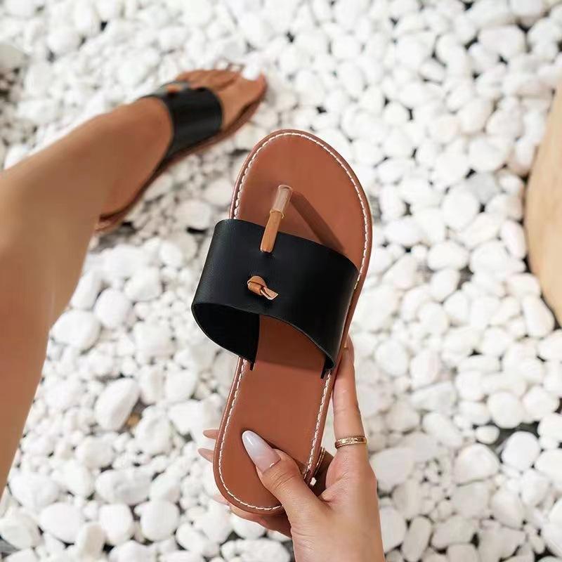 

Тапочки большого размера Cross border женские европейские и американские летние новые с круглым носком и плоским дном односимвольный носок верхняя одежда повседневные сандалии 43 чёрный