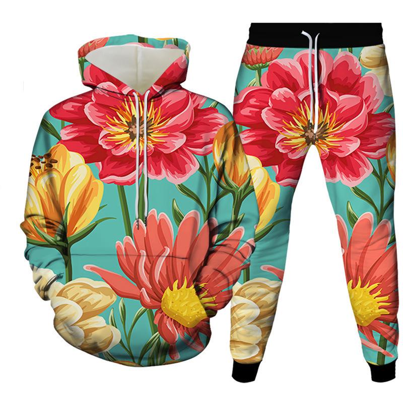 Fashion Floral Flower 3D Print Hoodies Pant Sets Men's Sweatshirts Sweatpants Streetwear Two Piece Suits Tracksuit Man Clothing