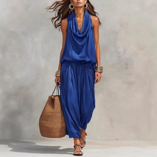 Damen Sommer Zweiteilige Sets Trägerloses Oberteil mit Wasserfallausschnitt und Crop Pants Passende Sets