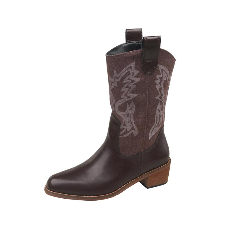 Fashion Retro Pointed Toe Fashion Large Size PU Western Cowboy Boots Shoes for Women 2025 New Zip High Quality Mid Length Women's Boots