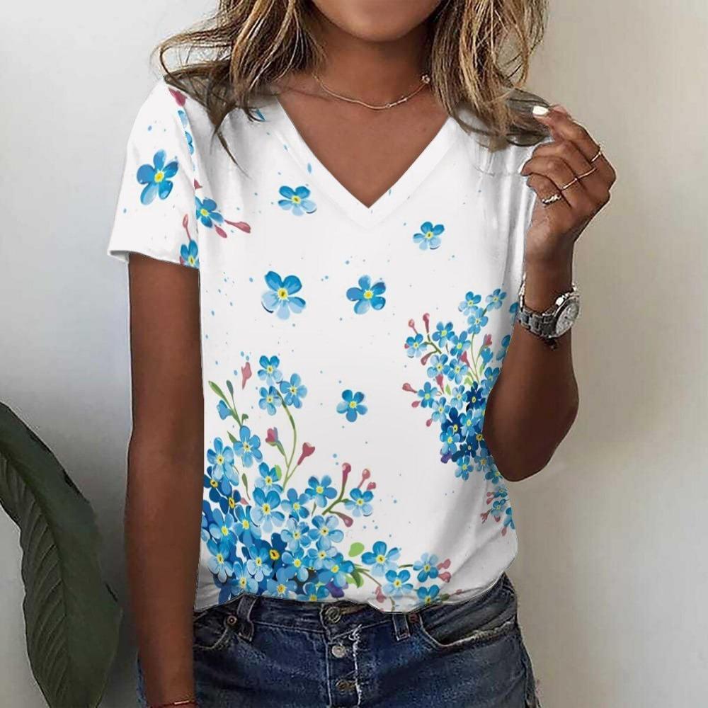 New Women T-shirt Simple Graphic Print Oversized Women's Trending Clothing Fashion Short Sleeve Shirt Women V-Neck Blouse 2024