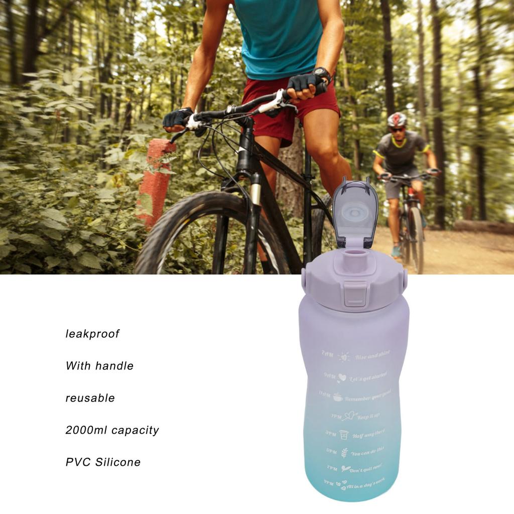 Sports Water Bottle 2000ml Gradient Frosted   Water Bottle with Handle Straw Silicone Hose Water Bottle for Running