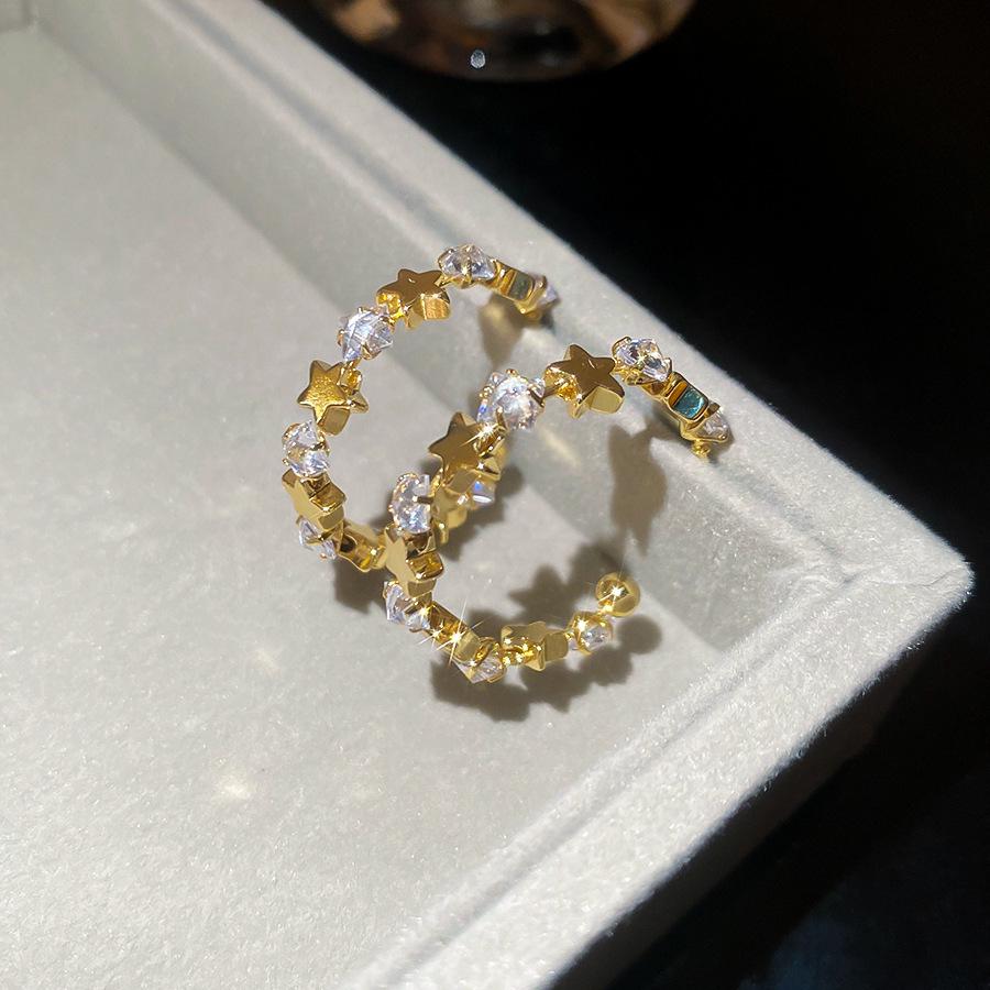 Silver Needle Cubic Zirconia Star C-Shaped Stud Earrings - Sweet & Cool Style, High-End Retro Feel