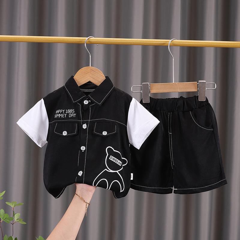 

Летний модный комплект рабочей одежды с коротким рукавом для мальчиков с медведем с кривой головой 90 cm чёрный
